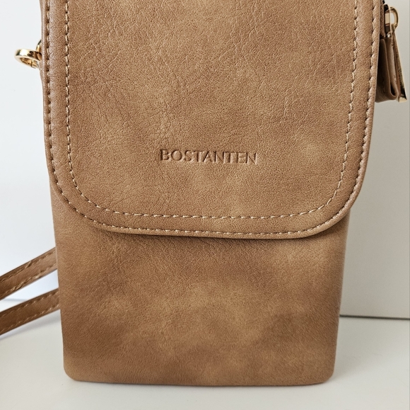 Bostanten Smooth Tan Genuine Leather Crossbody Bag 3 Compartment Travel - Picture 6 of 7